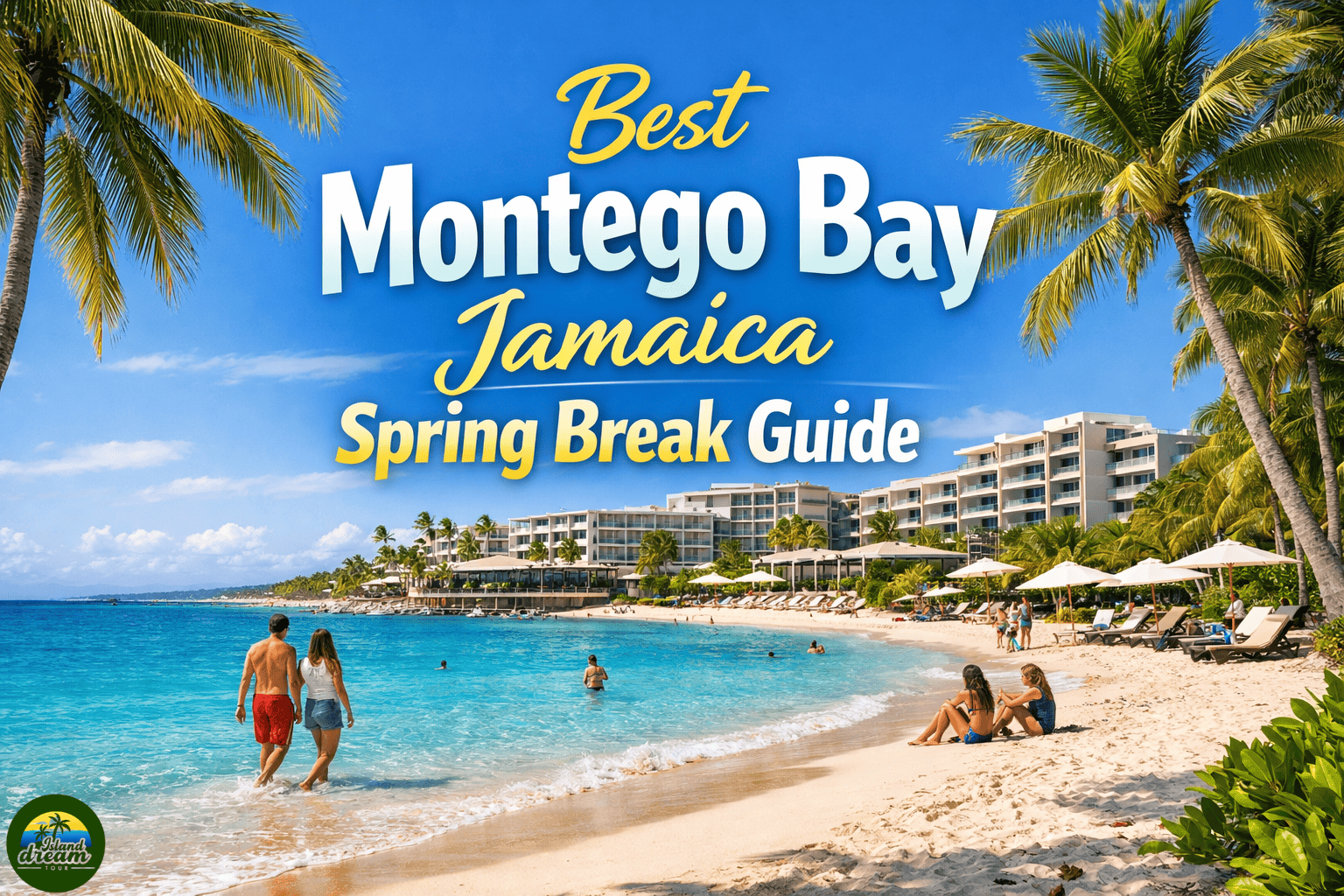 Montego Bay Spring Break tropical beach with resort and travelers