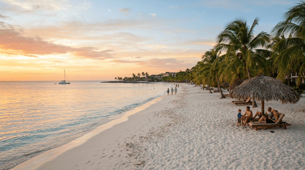 Seven Mile Beach in Negril, Jamaica with calm turquoise waters, white sand, palm trees, and a few people enjoying the sunset, showing a relaxed tropical vibe.