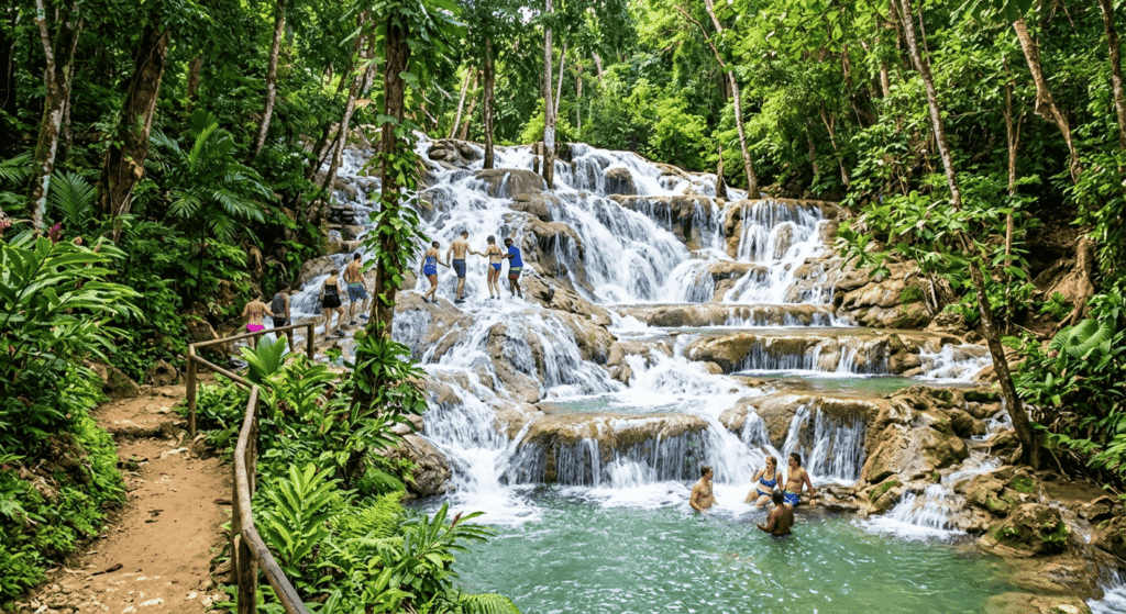 A scenic waterfall in Ocho Rios, Jamaica surrounded by lush greenery and rocks, capturing the adventure and natural beauty of the area.