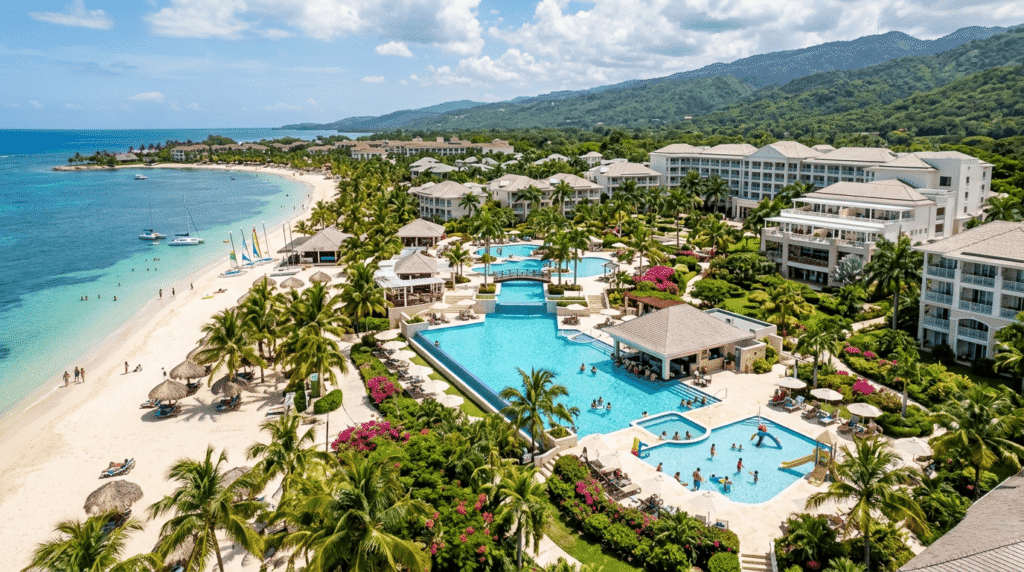 Large beachfront resort at Princess Hotels & Resorts Jamaica with multiple pools, tropical landscaping, and families enjoying the area, reflecting a group-friendly and vibrant environment.