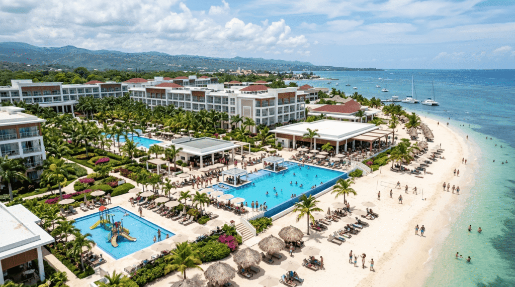 Riu Palace Aquarelle resort in Falmouth, Jamaica with beachfront pools, terraces, and guests enjoying the area, highlighting a lively and social spring break atmosphere.