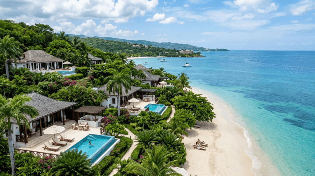 Private beachfront villas at Round Hill Hotel and Villas in Montego Bay, Jamaica with lush gardens and calm turquoise water, showcasing luxury and exclusivity.