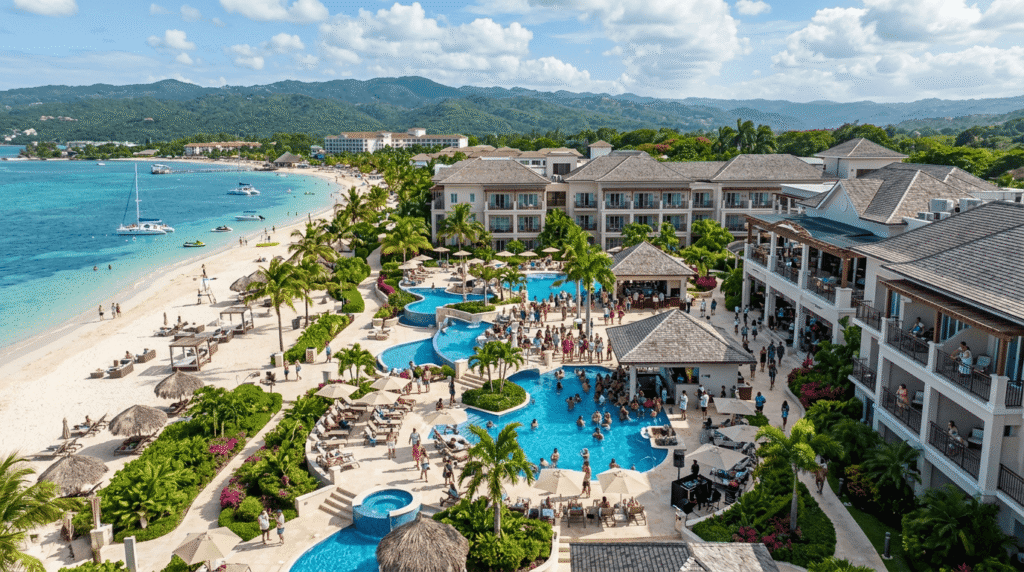 View of Secrets Wild Orchid resort in Montego Bay, Jamaica with pools, beachfront, tropical landscaping, and guests relaxing, highlighting a lively and luxurious spring break vibe.